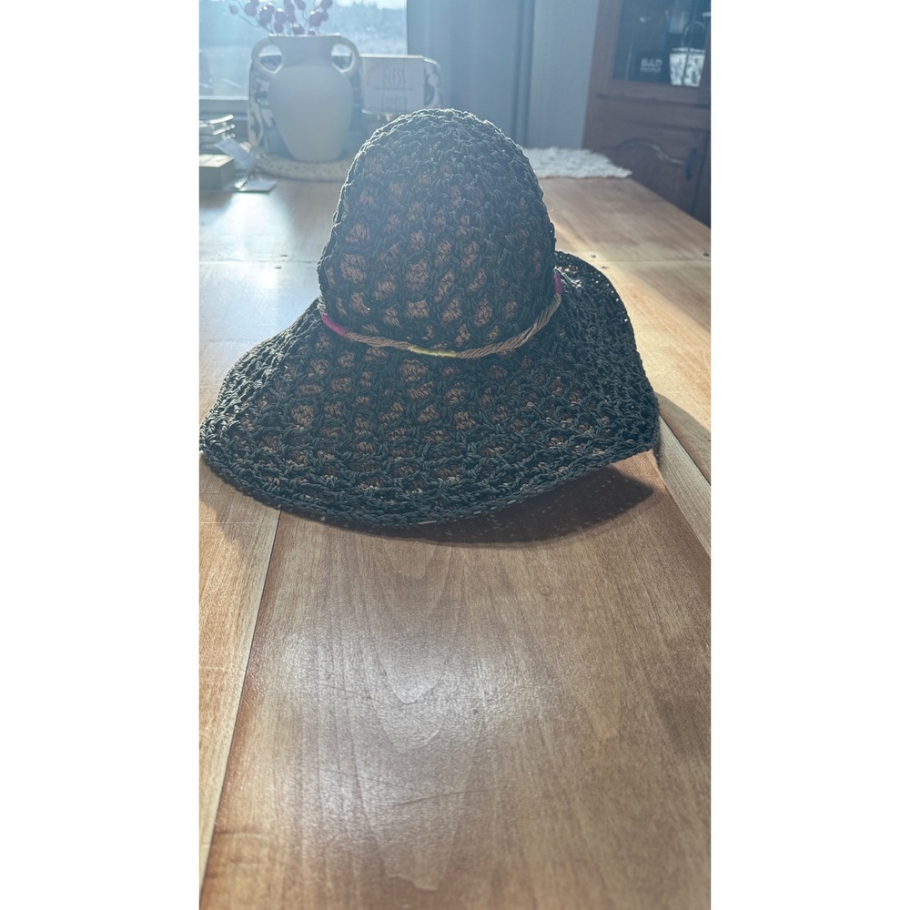 Betsey Johnson Womens Brown Black Paper Straw Floppy Sun Hat Rainbow‎ Trim OS